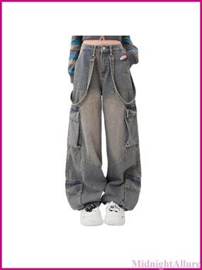 Women's Gothic Loose Multi Pocket Straight Wide Leg Washed Denim Jeans